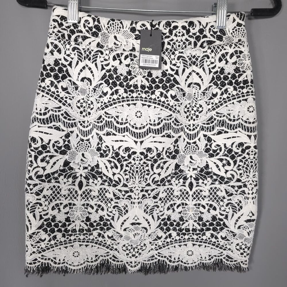MAJE PARIS Women 34 New Lace Skirt 2 Jude Courte Floral Overlay Fringe WOOLBlend